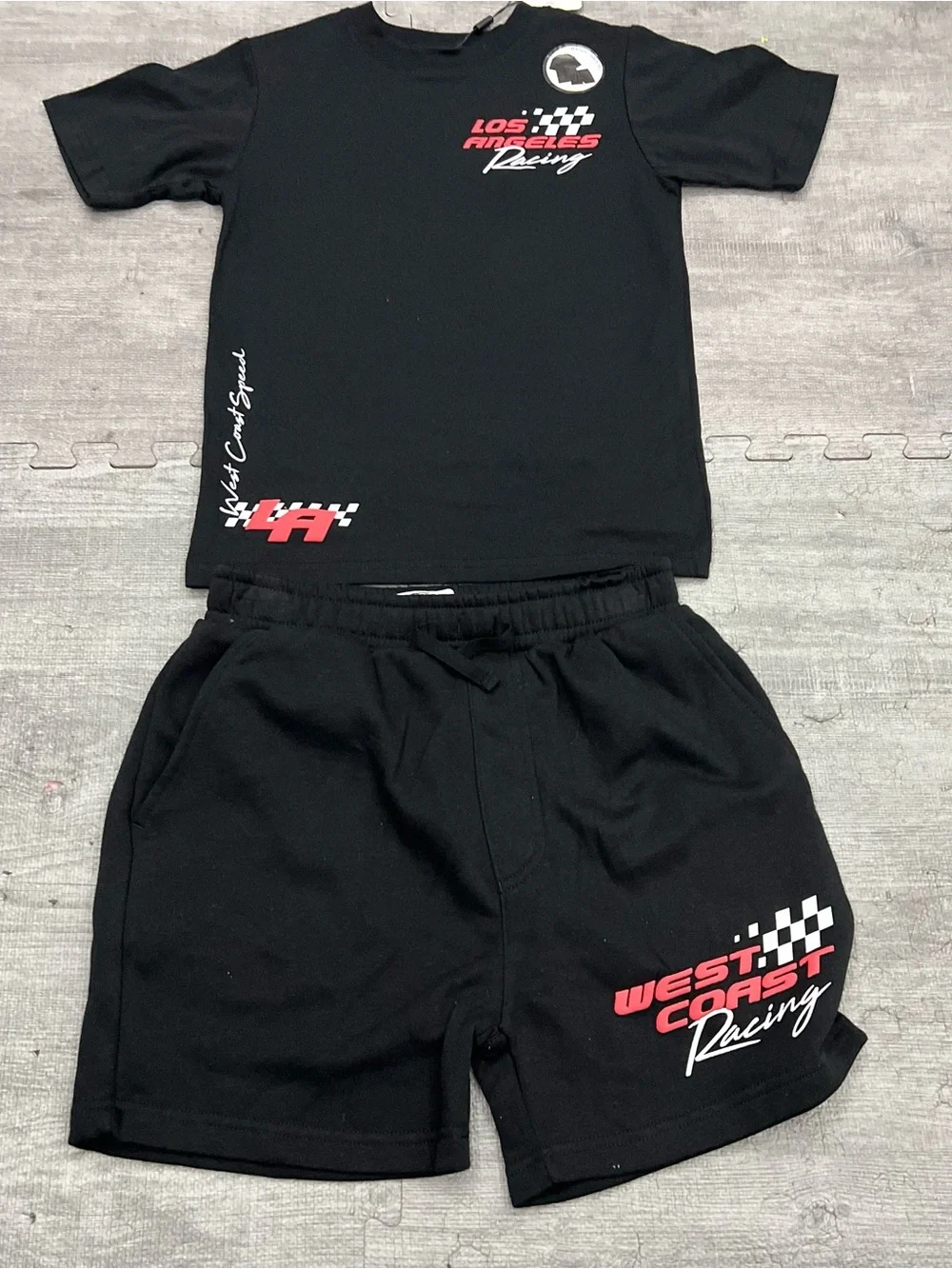 Boys Black/Red/White 2pc Graphic Racing T-Shirt & Drawstring Shorts
